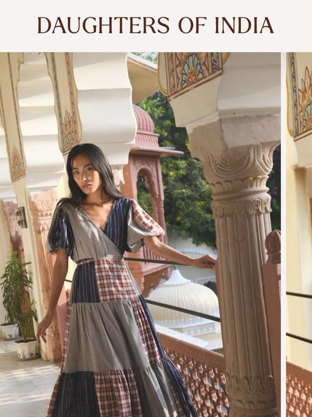Daughters of India Navy and Cream Patchwork V-Neck Maxi Dress